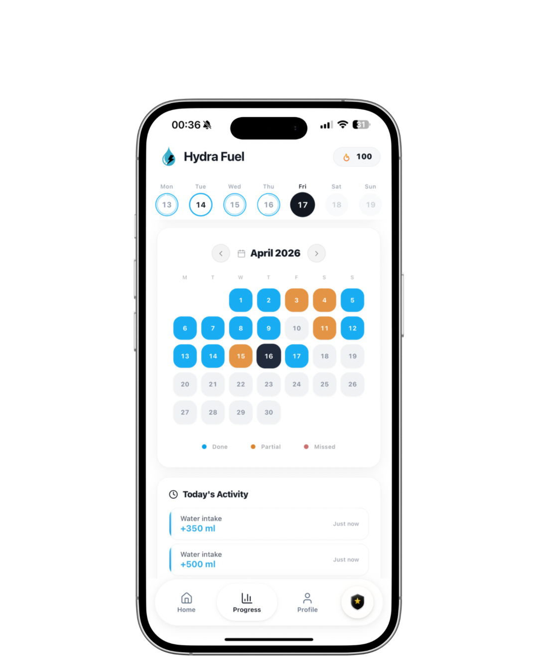 Hydra Fuel monthly calendar with hydration tracking