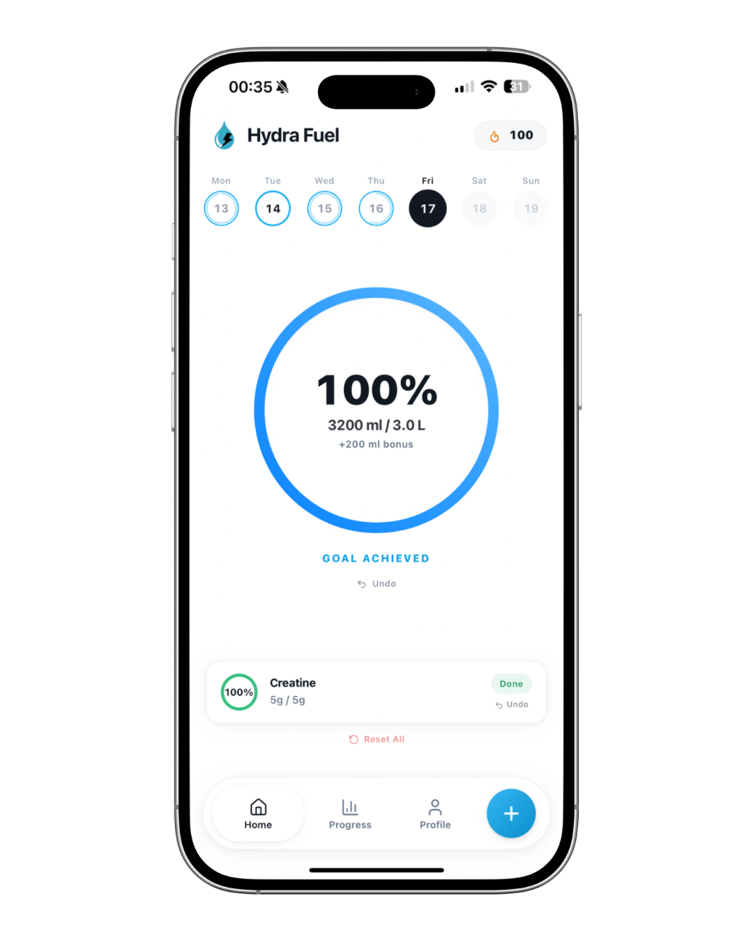 Hydra Fuel app showing 100% hydration goal
